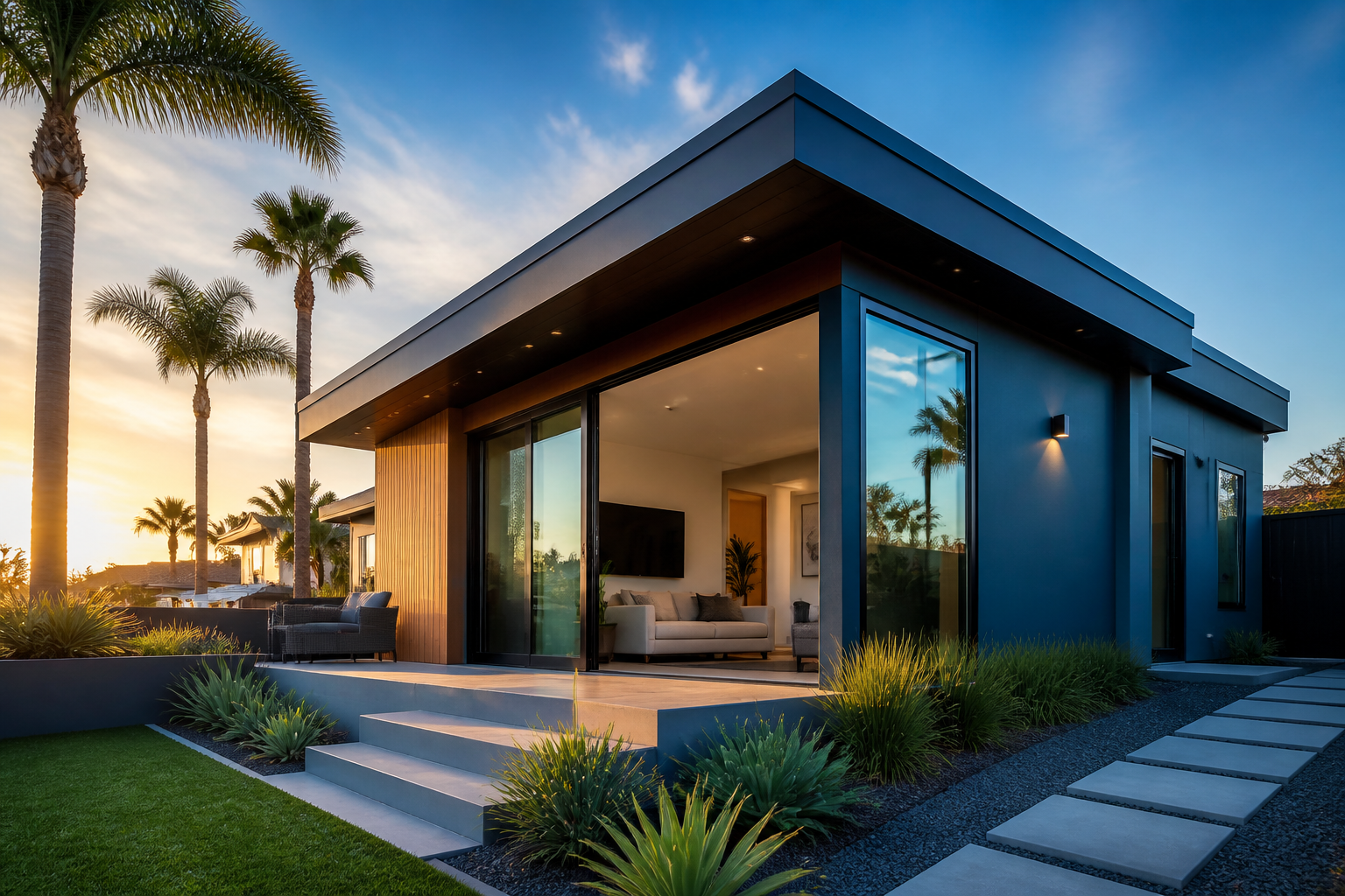 Golden-hour photo of a modern Torrance backyard ADU